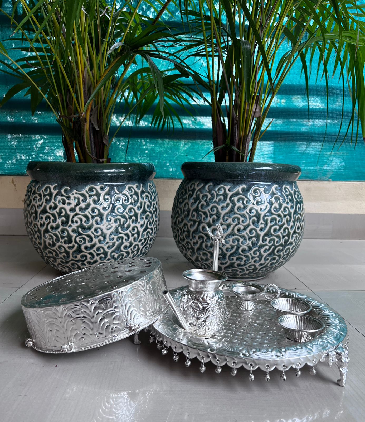 german silver KARWACHAUTH SET Checkered elephant model ghunghroo pooja thali WITH Chalni and karwa kalash set